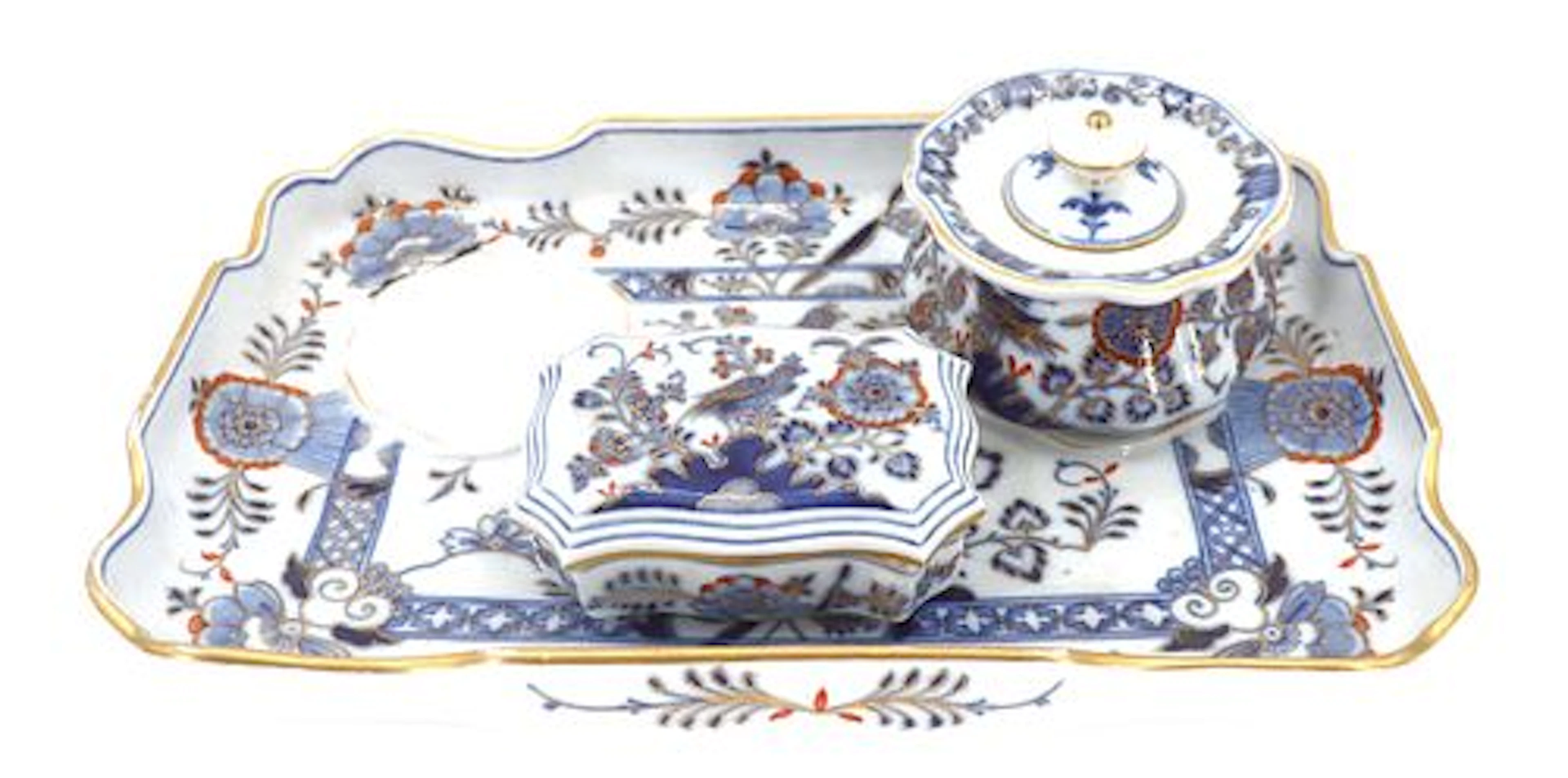 Three-Piece Meissen Porcelain Inkwell Desk Tray and