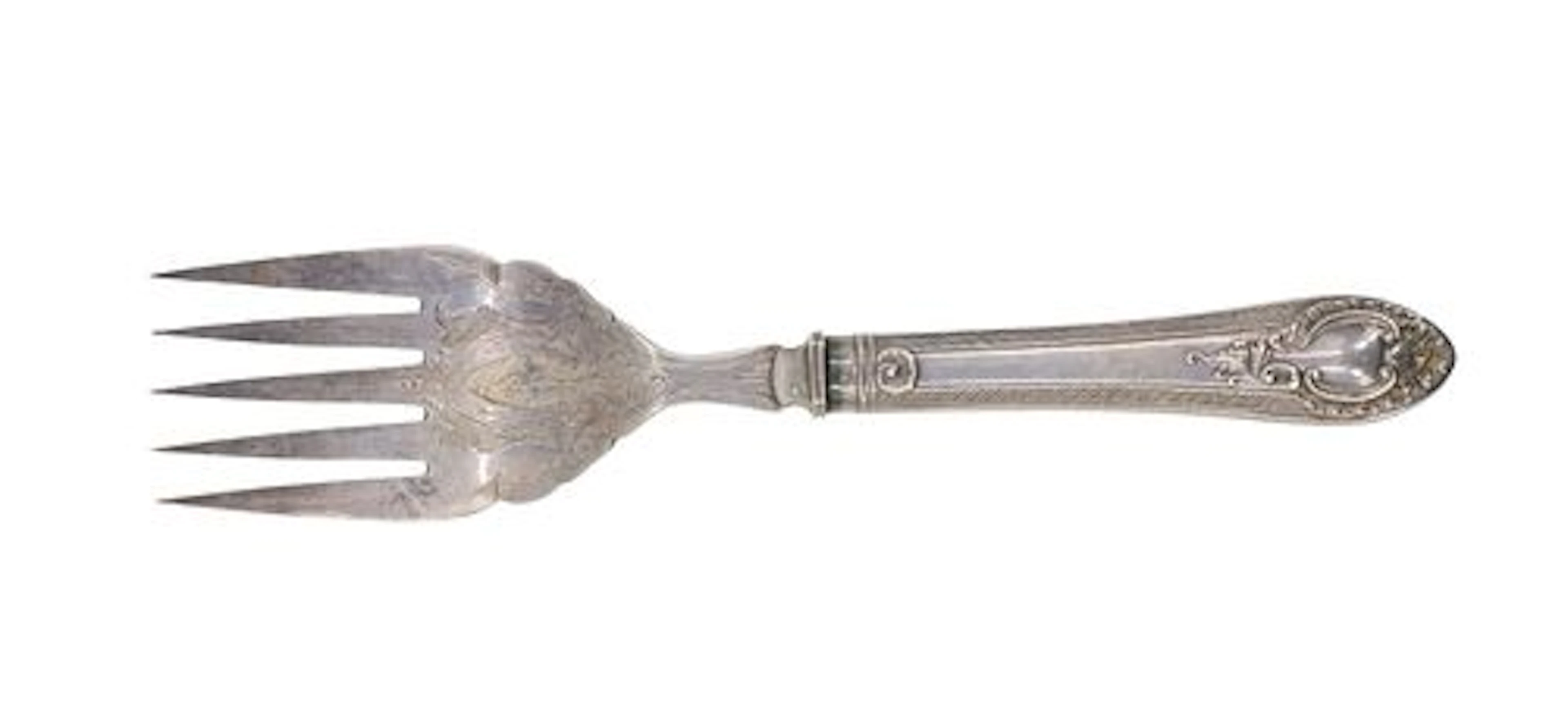 Antique Five-Tined Silver Engraved Fish Serving Fork
