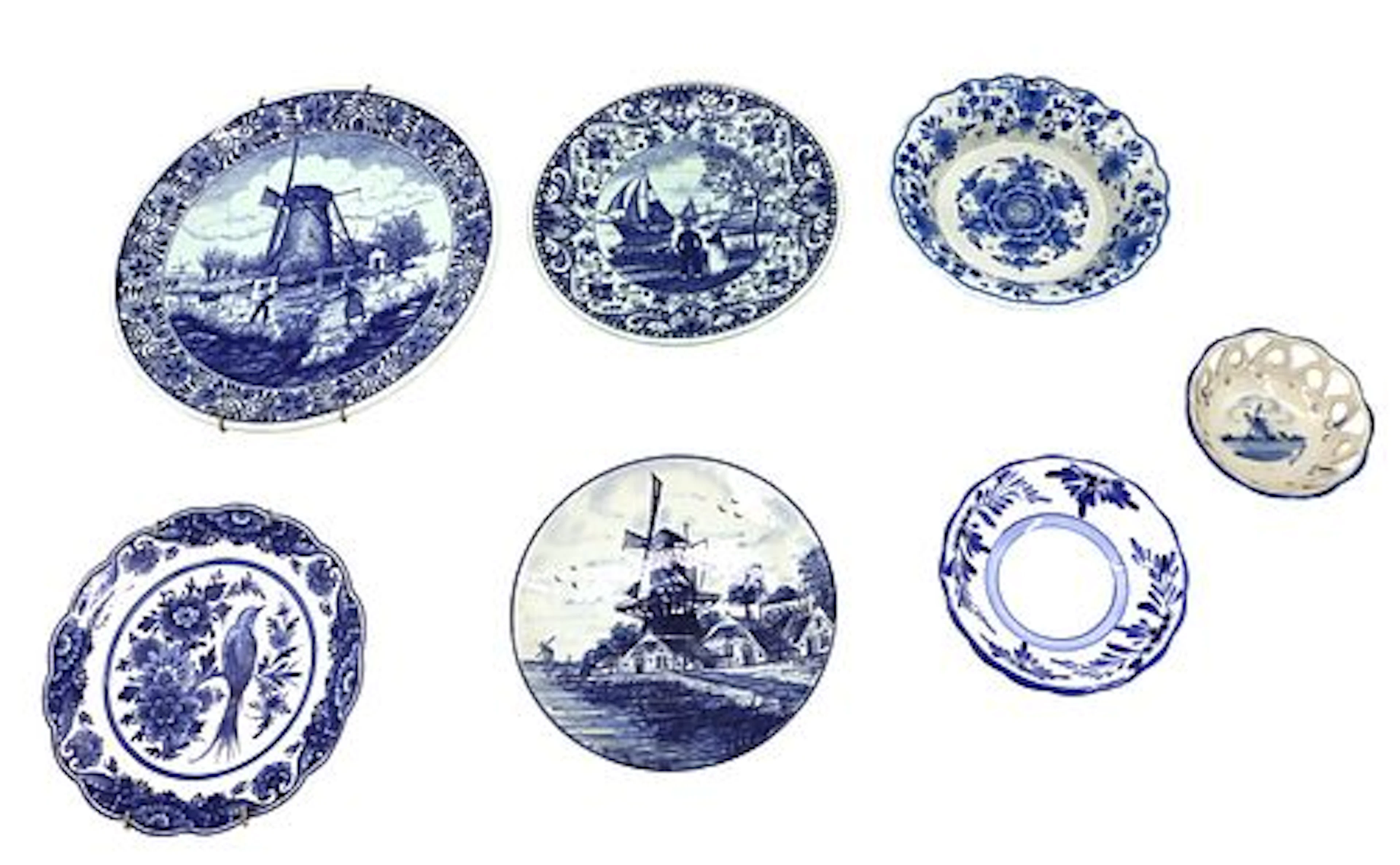 (7) Dutch Delft Hand Painted Decorative Blue and White Ceramic Plates