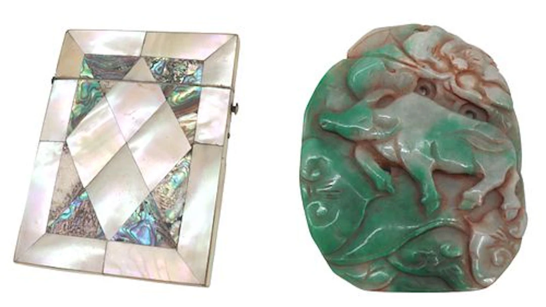 (2) Decorative Items - Carved Jadeite Cabochon, Victorian Business Card Case
