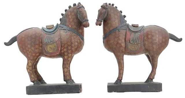 Large Pair of Chinese Carved Wood Polychrome Painted Imperial Horses