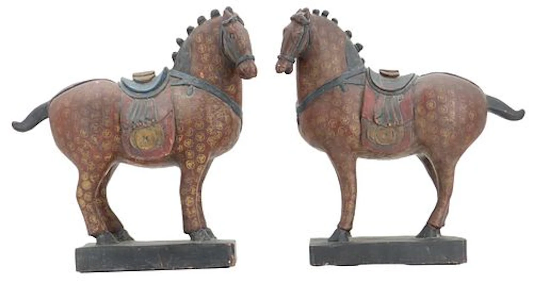 Large Pair of Chinese Carved Wood Polychrome Painted Imperial Horses