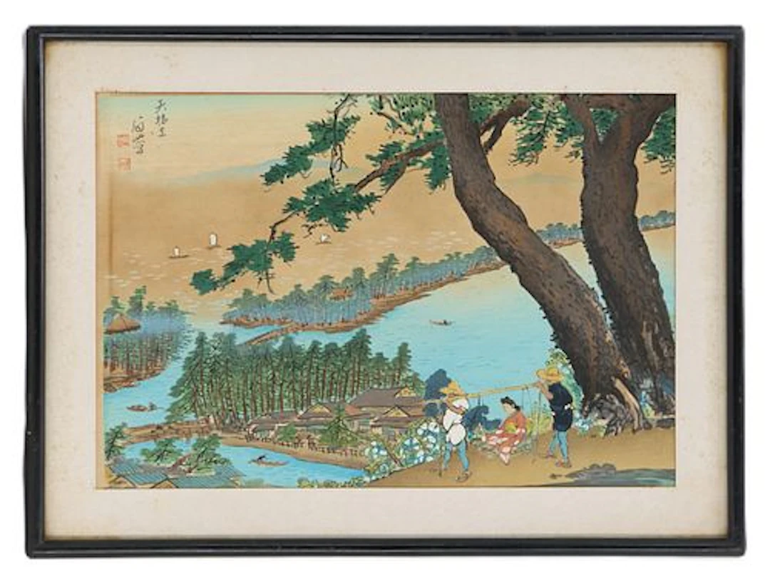 Bisen Fukuda (1875-1963) Japan, Woodblock Landscape Print "Amanohashidate"