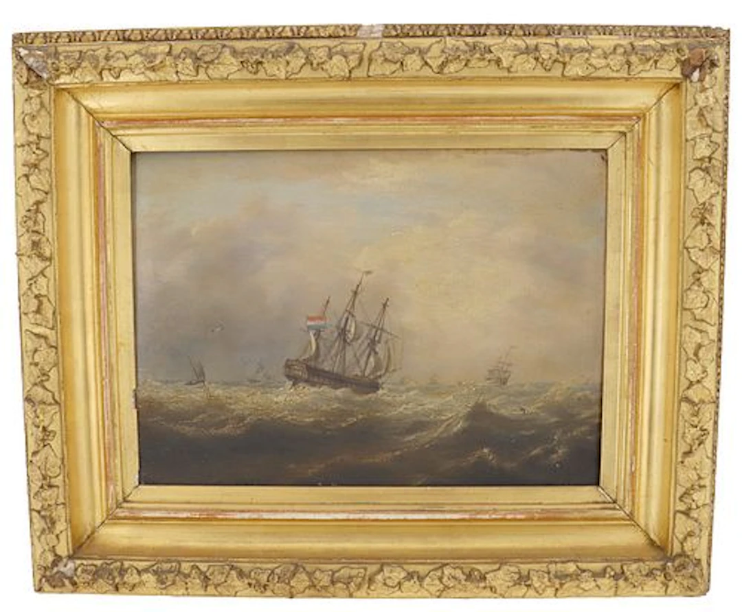 19th Century Dutch Fleet Maritime Scene Oil on Canvas