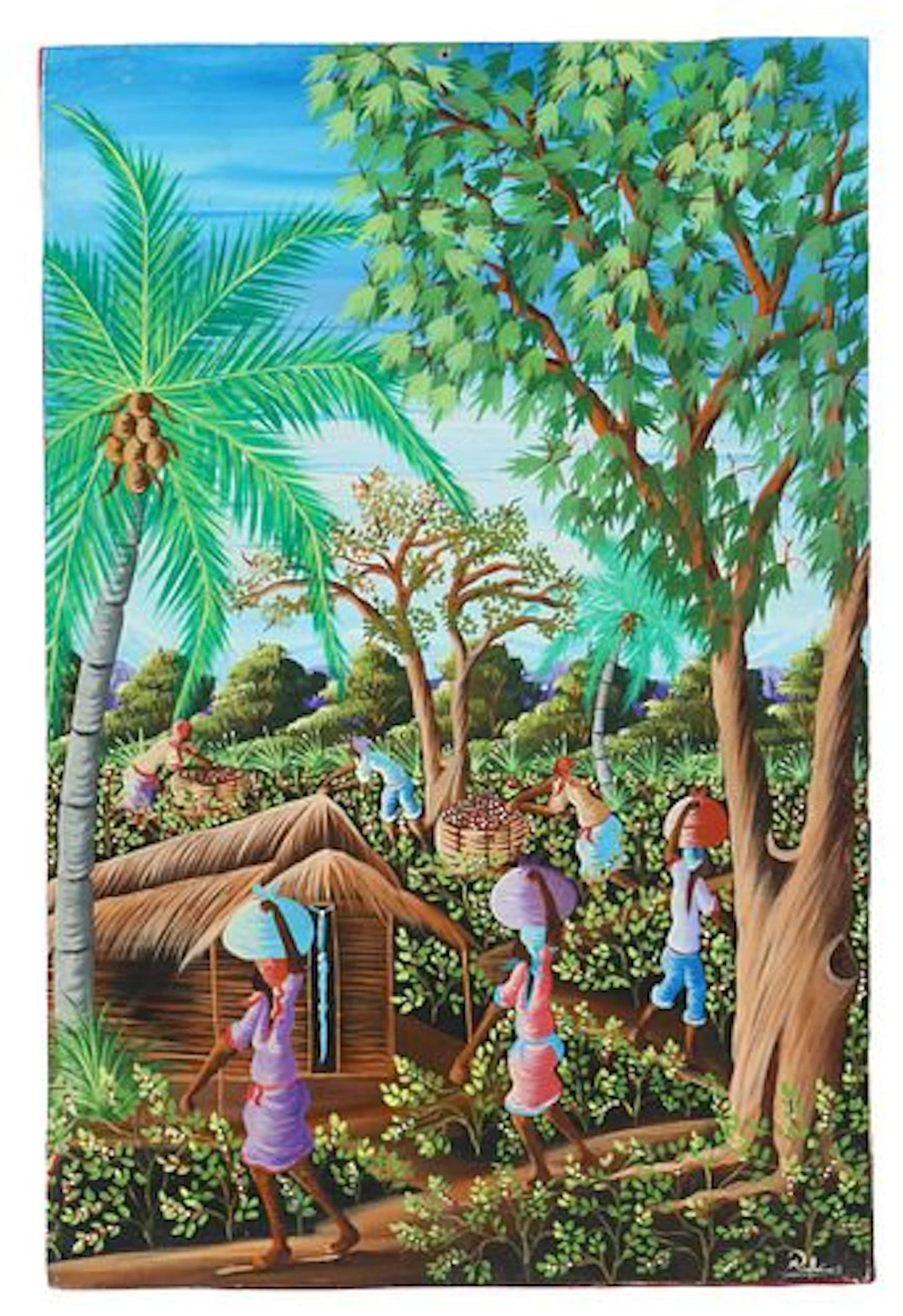 Vintage Haitian Oil on Panel Painting of Harvesters Working in a Field