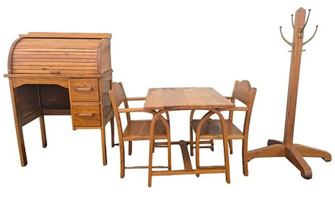 (5) Wooden Children's Furniture - Table, Chairs, Coat Rack, Desk