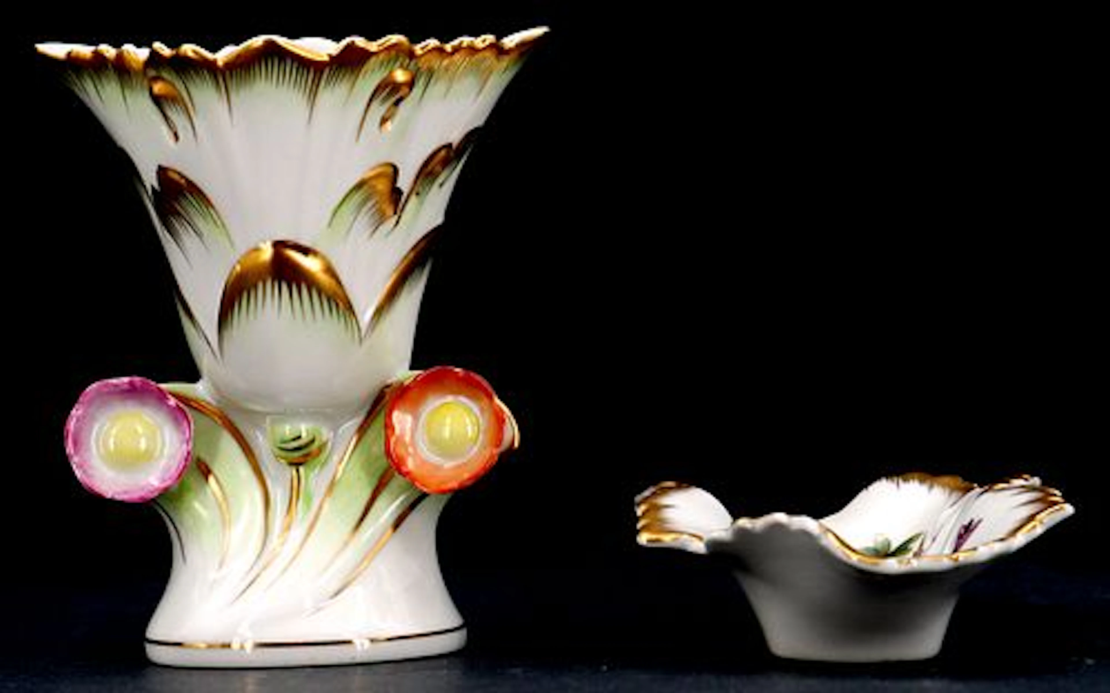 (2) Piece Hungarian Herend Victoria Pattern Porcelain - Vase and Small Dish Set
