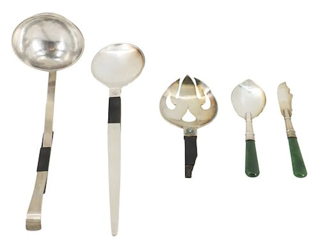 (5) Unique Sterling Silver Serving Utensils with Wood or Nephrite Handles