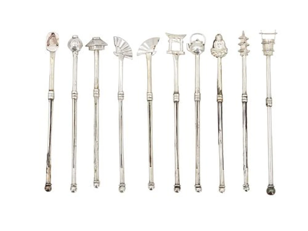 (10) Vintage Japanese Sterling Silver Cocktail Swizzle Sticks with