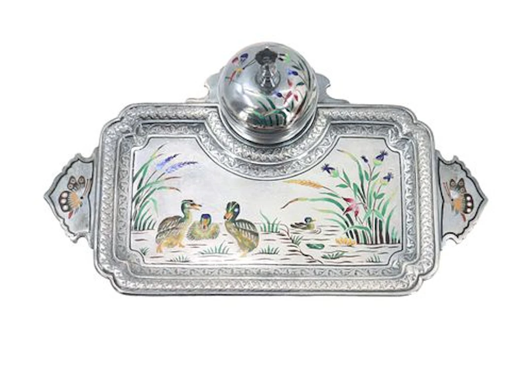 Antique Silverplated Inkstand with Inlaid Enamel Ducks