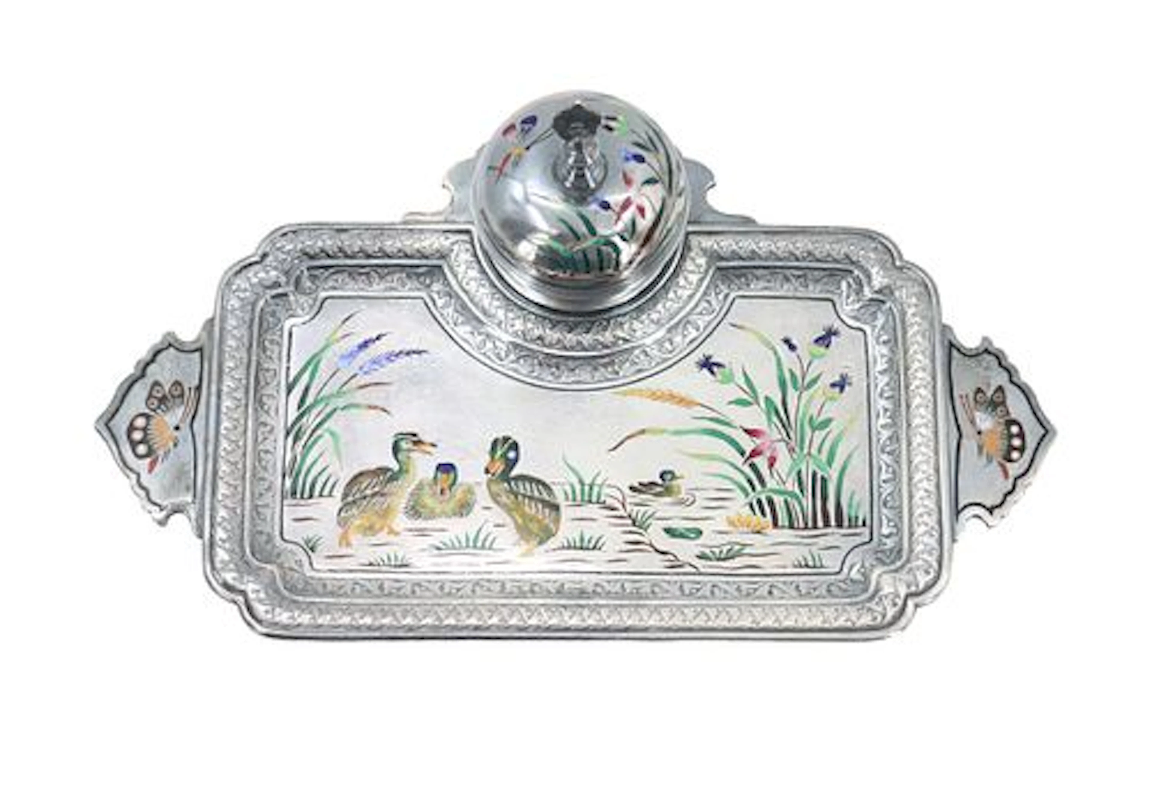 Antique Silverplated Inkstand with Inlaid Enamel Ducks