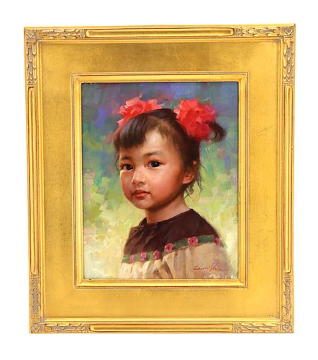 Jie Wei Zhou (Born 1962) Chinese/American, Oil on Board "Flower Girl"