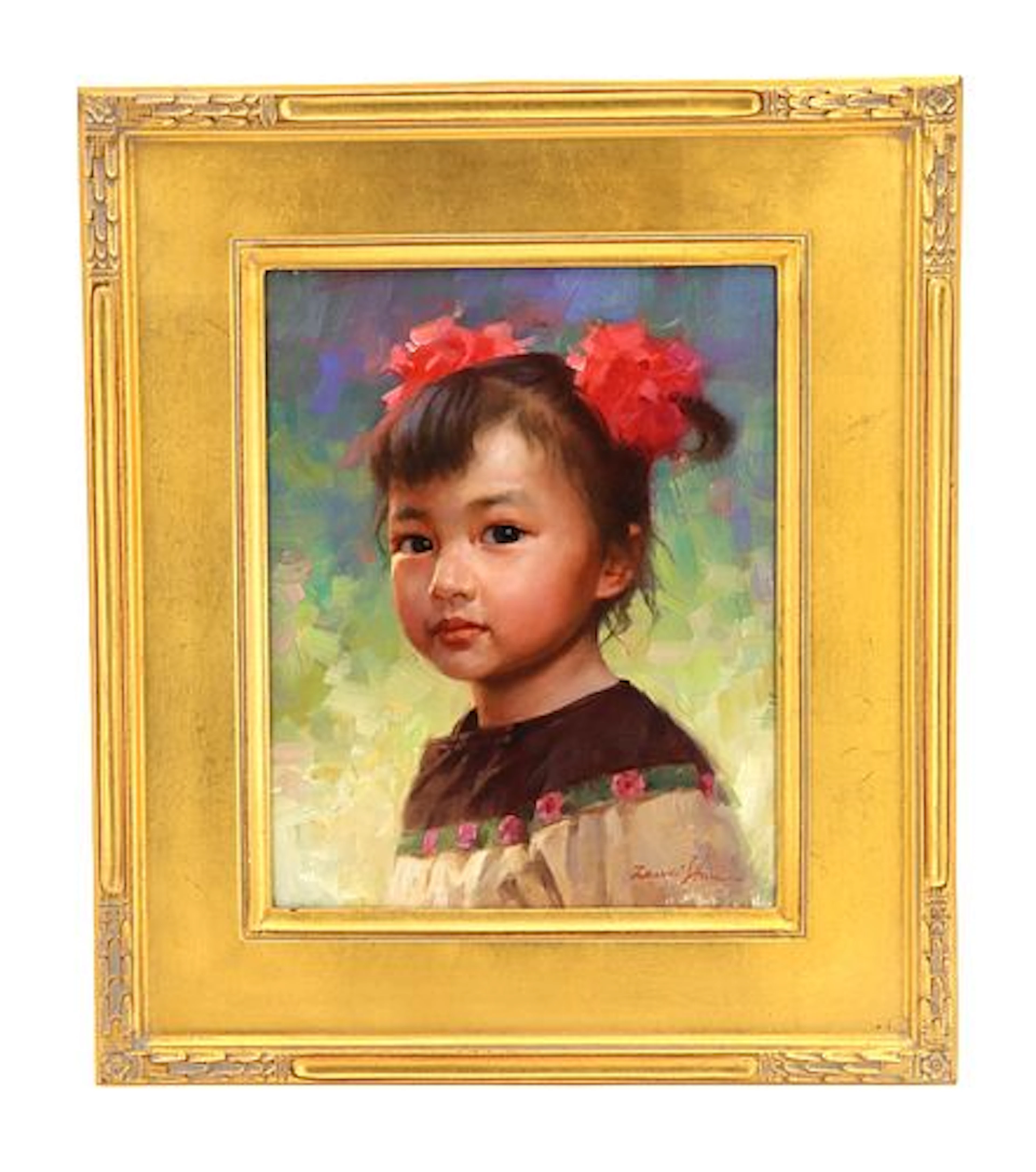 Jie Wei Zhou (Born 1962) Chinese/American, Oil on Board "Flower Girl"