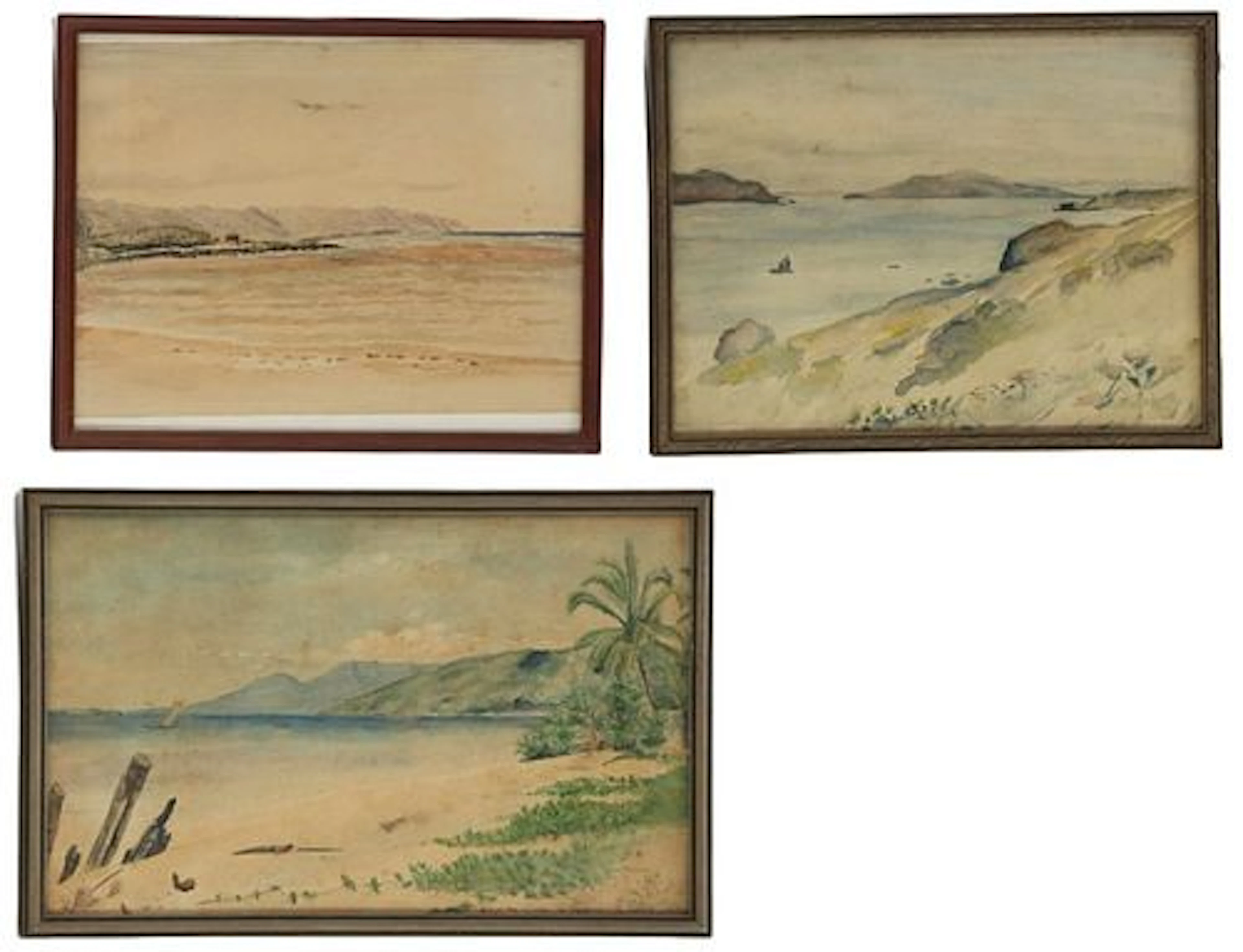 (3) Framed Antique Philippines Watercolor Beachscapes
