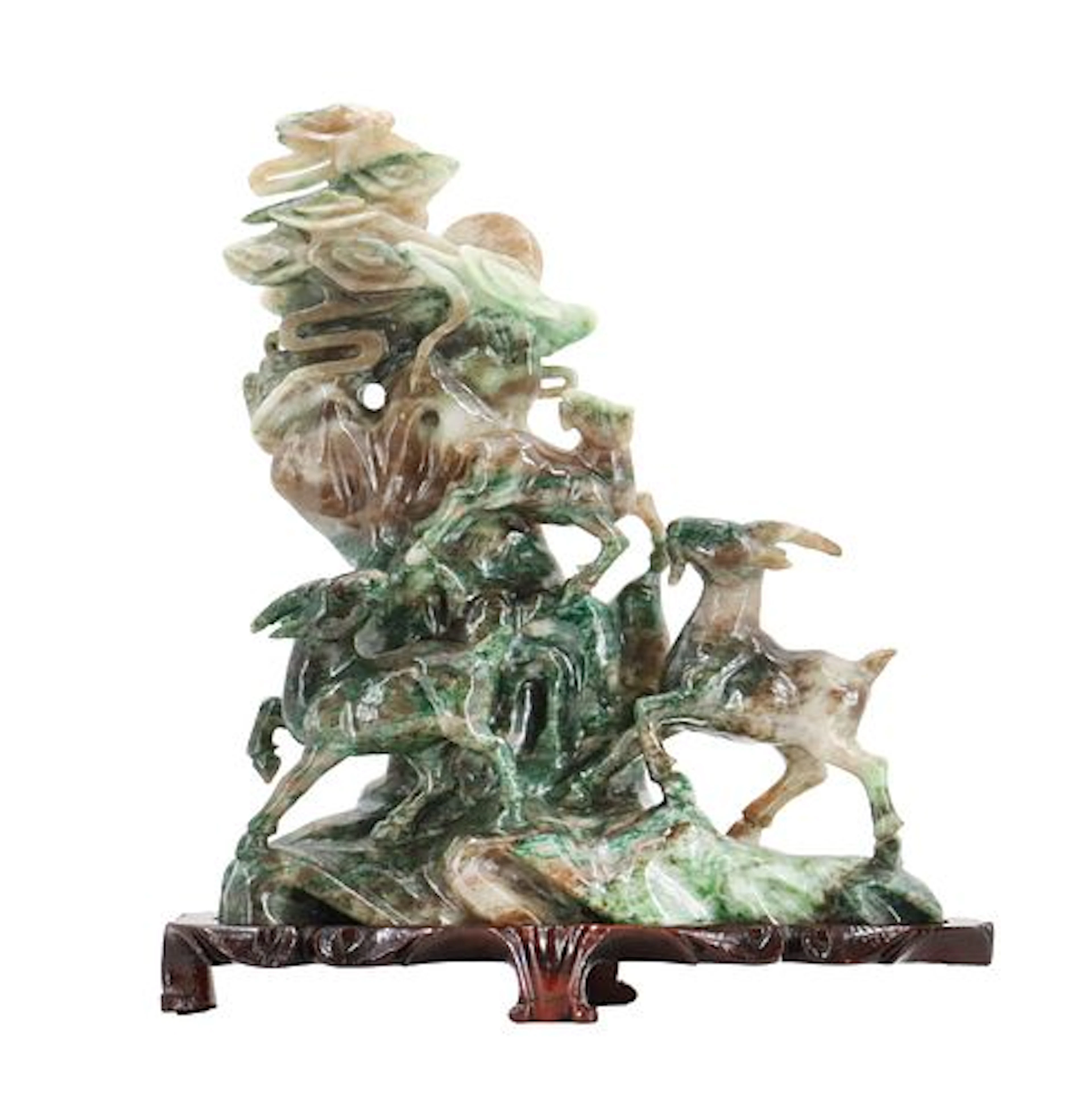 Chinese Carved Jade Statue of Goats in Variegated Color