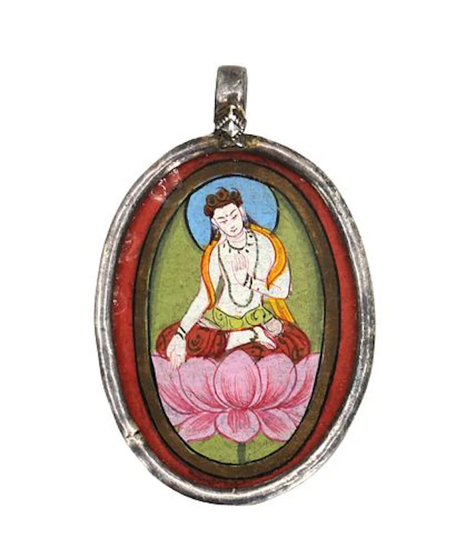 Hand Painted Silver Clad Pendant with Buddha in Lotus