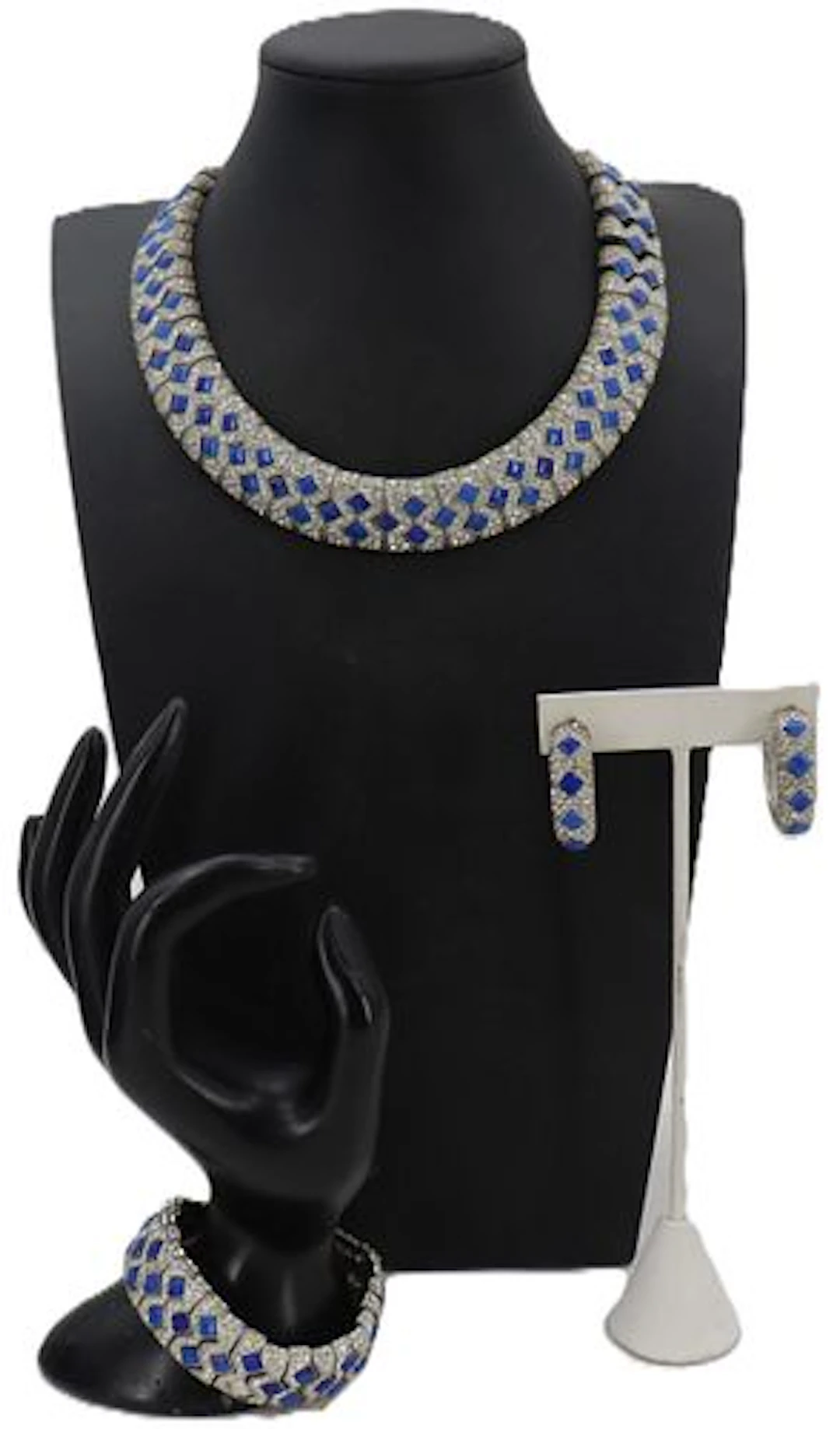 Les Bernard Vintage Royal Blue Enamel and Rhinestone 4-Piece Parure Jewelry Set
