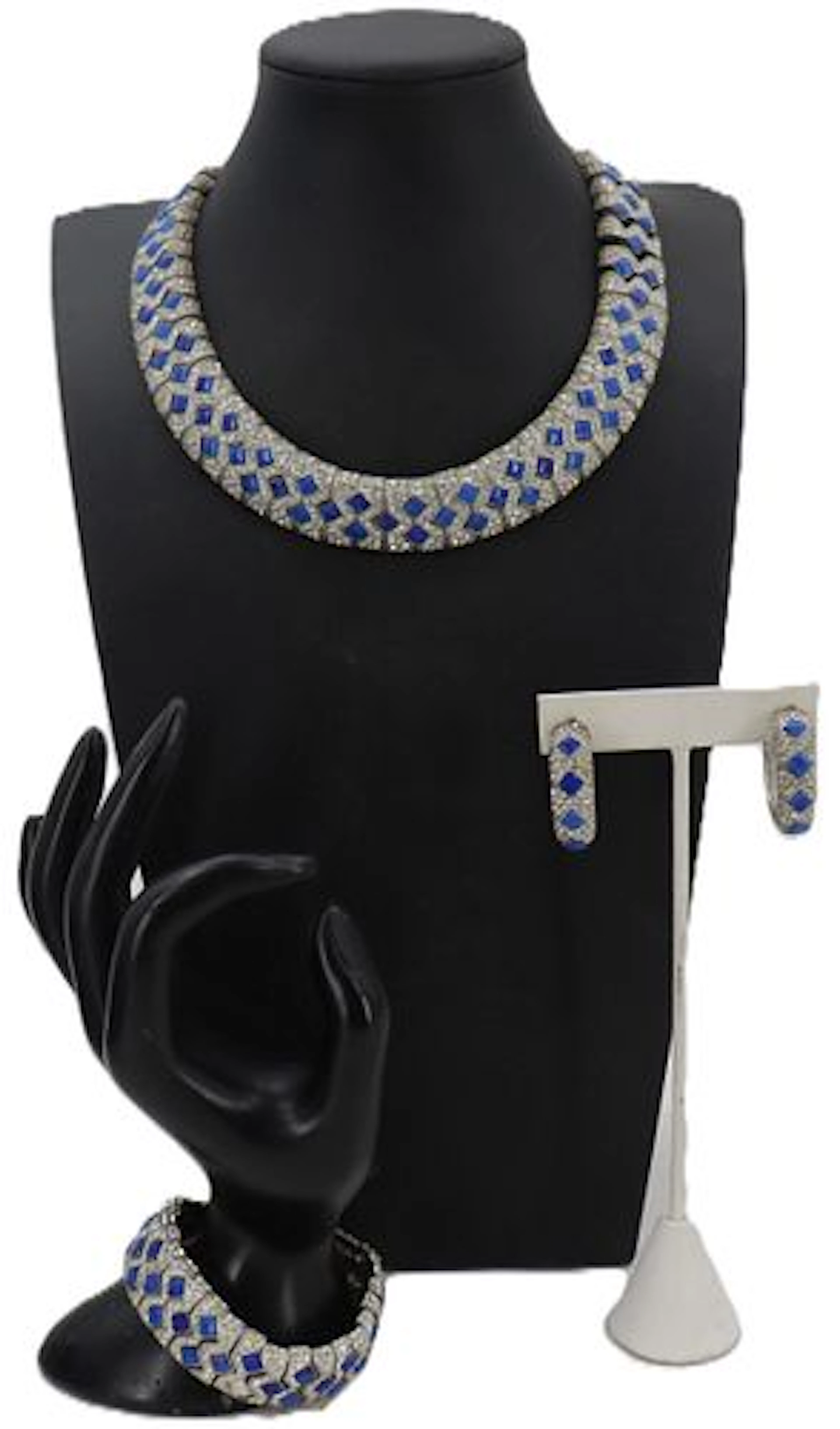 Les Bernard Vintage Royal Blue Enamel and Rhinestone 4-Piece Parure Jewelry Set