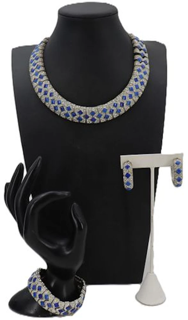 Les Bernard Vintage Royal Blue Enamel and Rhinestone 4-Piece Parure Jewelry Set