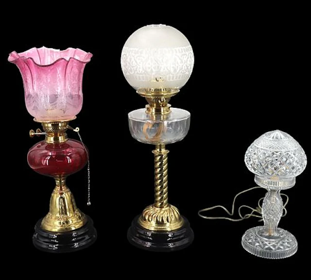 (3) Antique Victorian Style Decorative Glass, Brass, and Resin Parlor Lamps