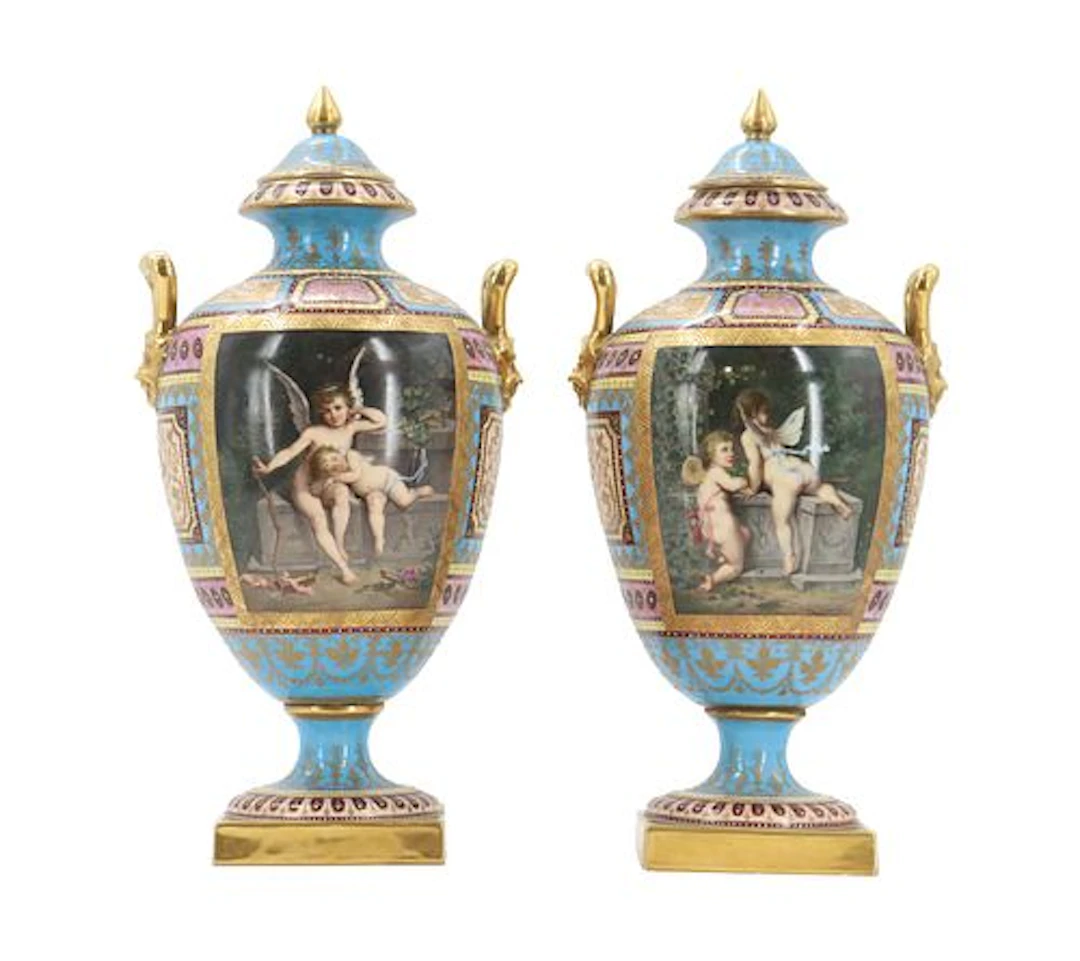 Pair of Antique Austrian Royal Vienna Porcelain Hand-Painted Covered Urns