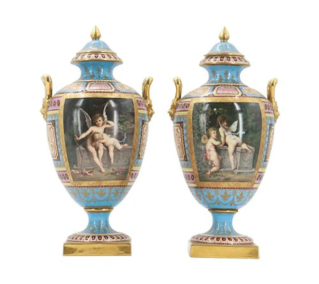 Pair of Antique Austrian Royal Vienna Porcelain Hand-Painted Covered Urns