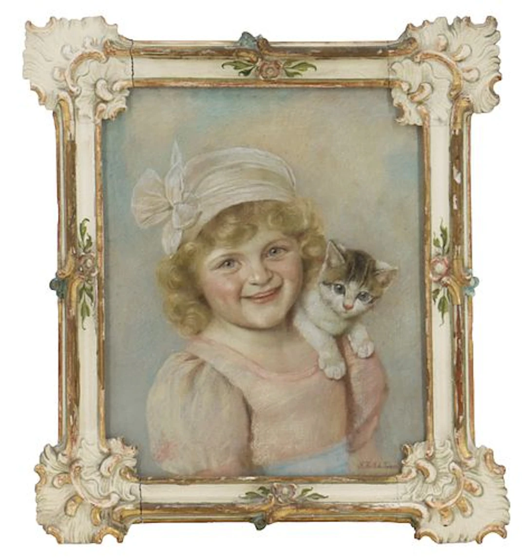Rudolf Hirth du Frenes (1846-1916) German, Pastel on Board "Girl with Kitten"
