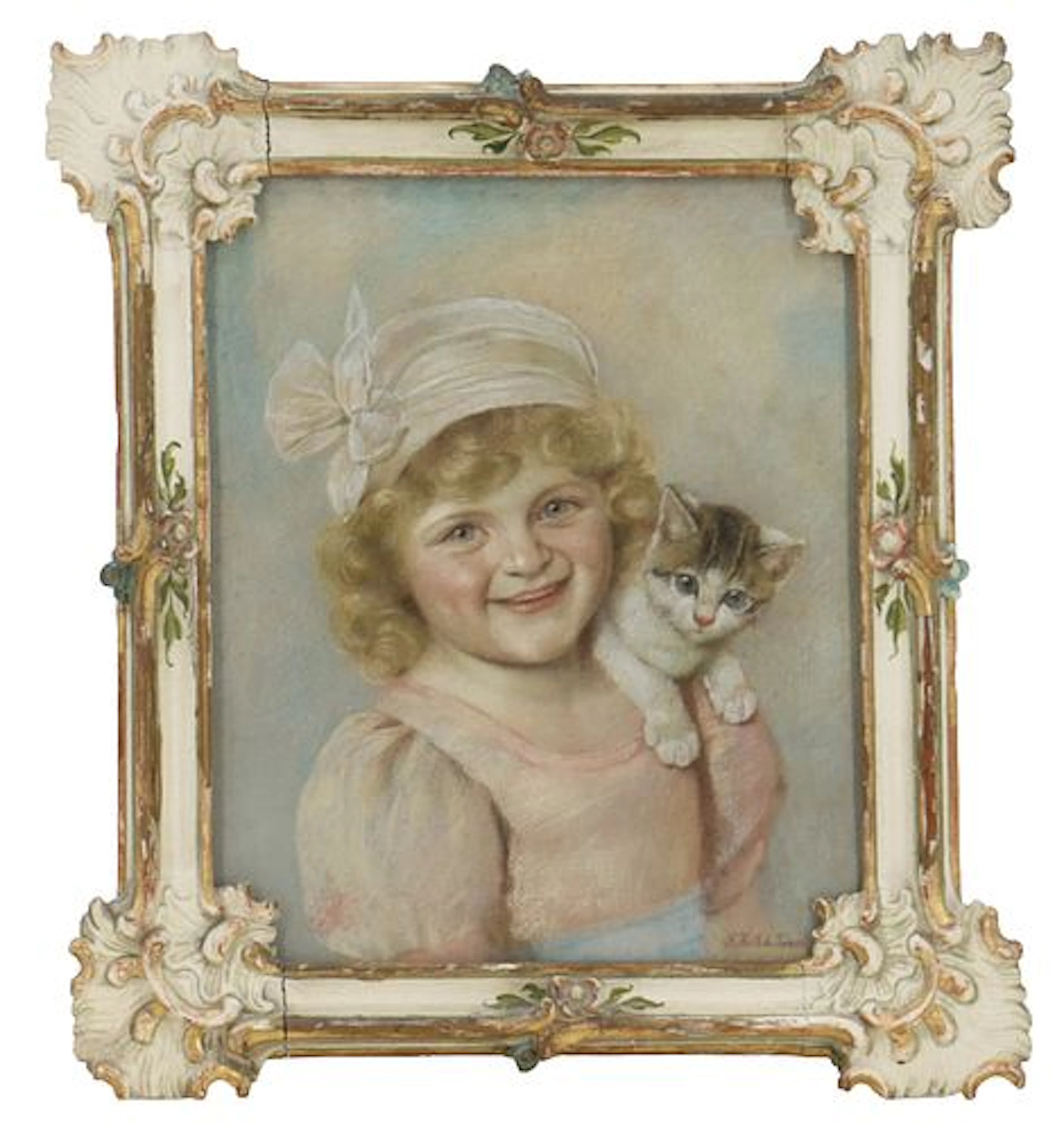 Rudolf Hirth du Frenes (1846-1916) German, Pastel on Board "Girl with Kitten"