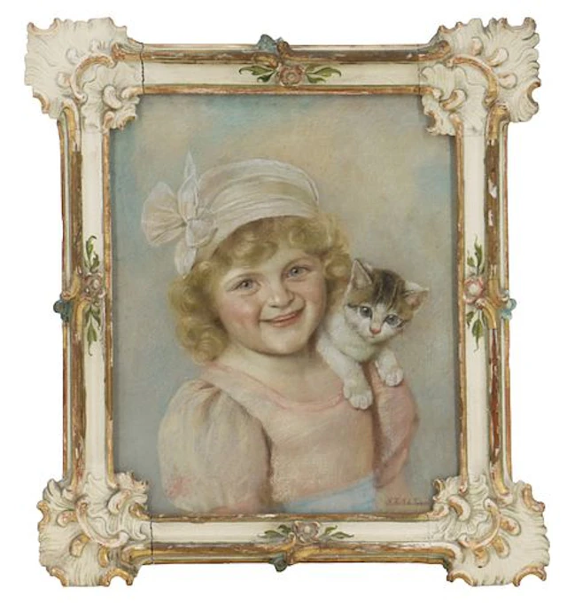 Rudolf Hirth du Frenes (1846-1916) German, Pastel on Board "Girl with Kitten"