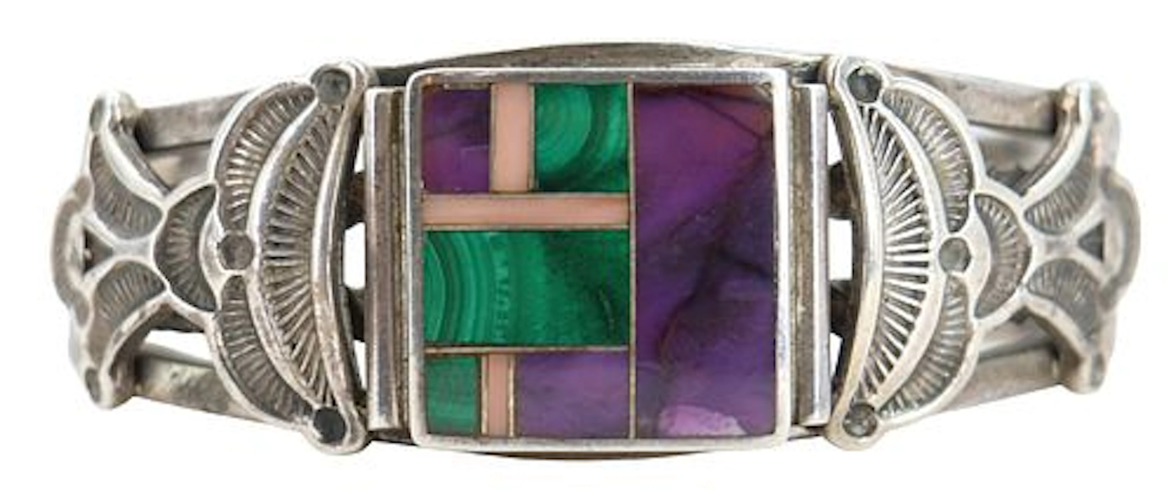 Navajo Sterling Silver Bracelet with Geometric Inset Stones - Gross 2.980 ozt.