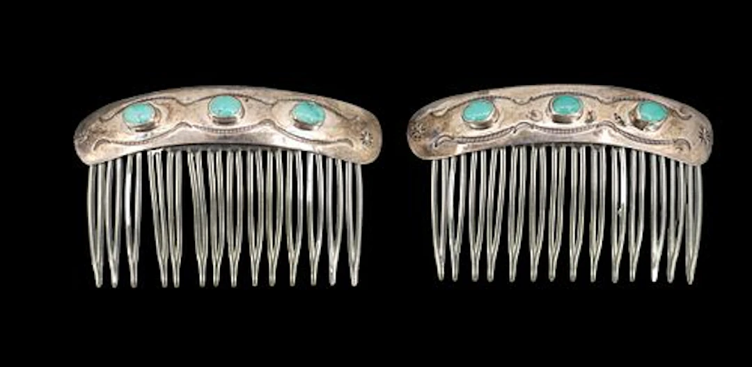 Pair of Southwestern-Style Silver & Turquoise Hair Combs - Approx 0.835 ozt.