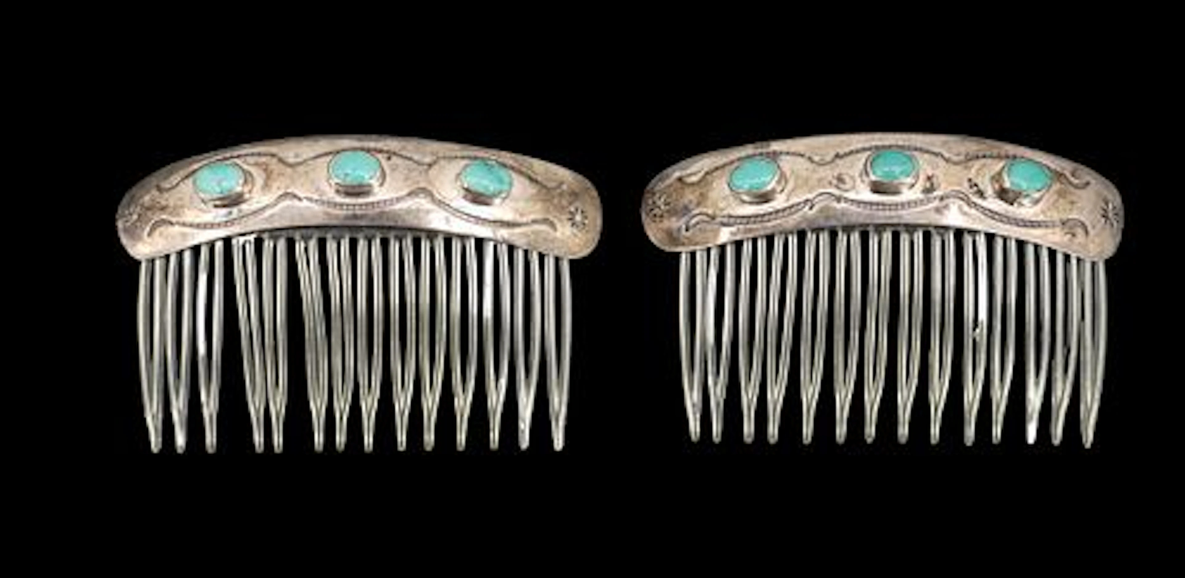 Pair of Southwestern-Style Silver & Turquoise Hair Combs - Approx 0.835 ozt.