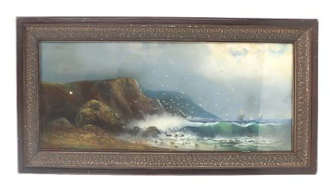 Early 1900s Long Signed Scenic Seascape Pastel on Paper on Board - AS IS