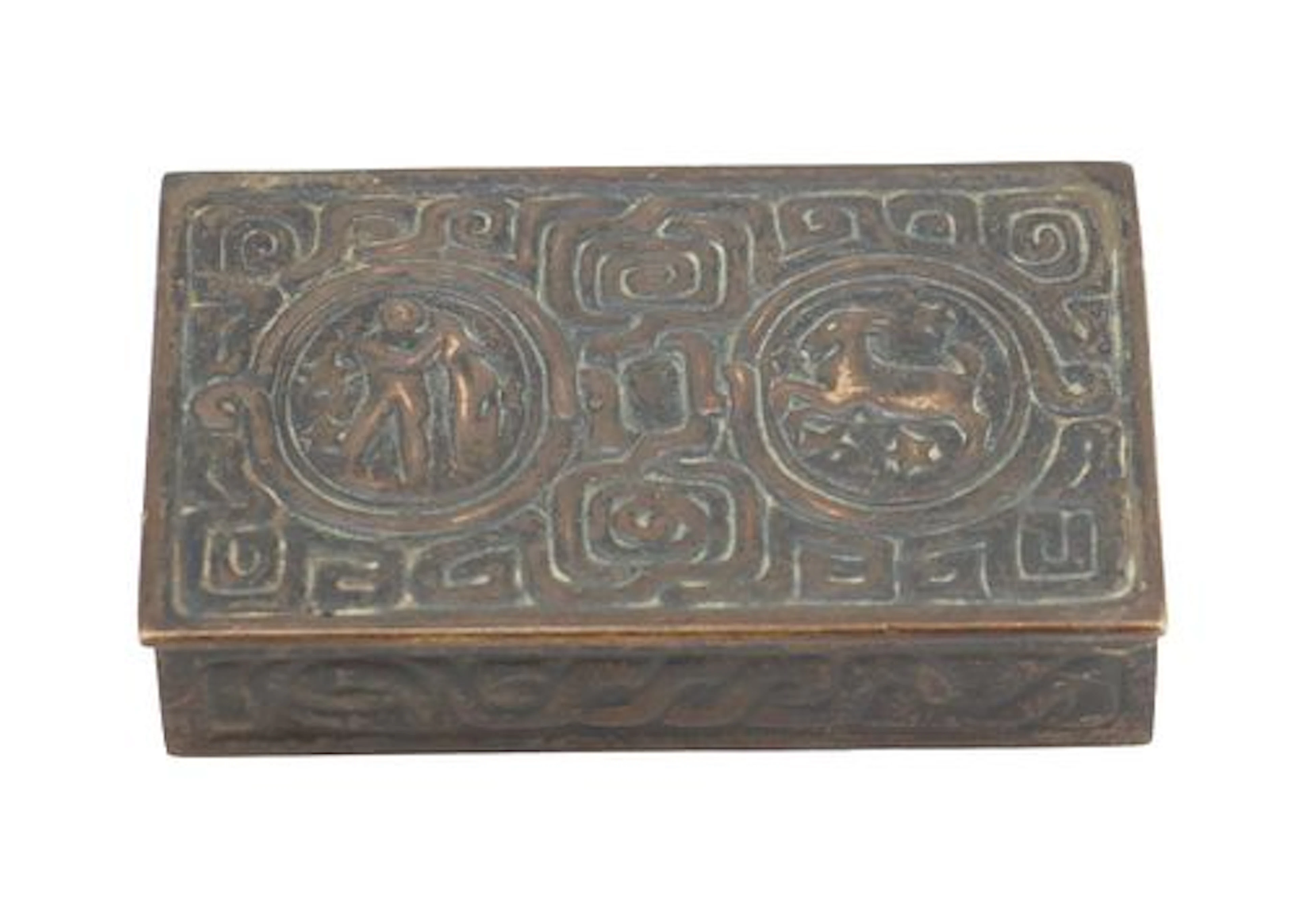 Tiffany Studios New York Zodiac Pattern Bronze Stamp Box