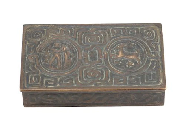 Tiffany Studios New York Zodiac Pattern Bronze Stamp Box