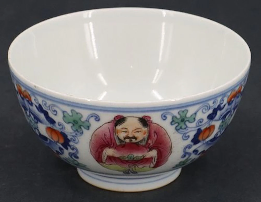 Chinese Doucai Medallion Melon and Vine Motif Porcelain Bowl