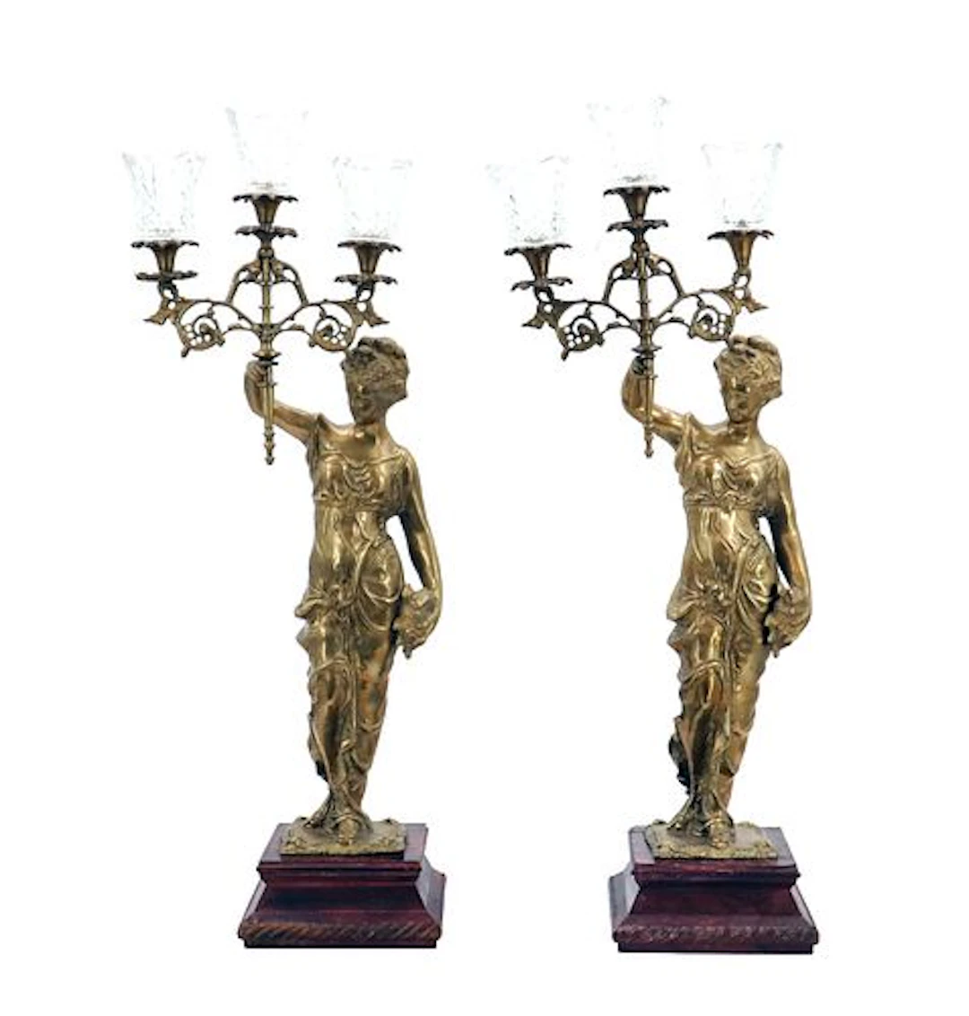 (2) 19th Century Style Classical Bronze Figural Multi-Light Candelabra Lamps