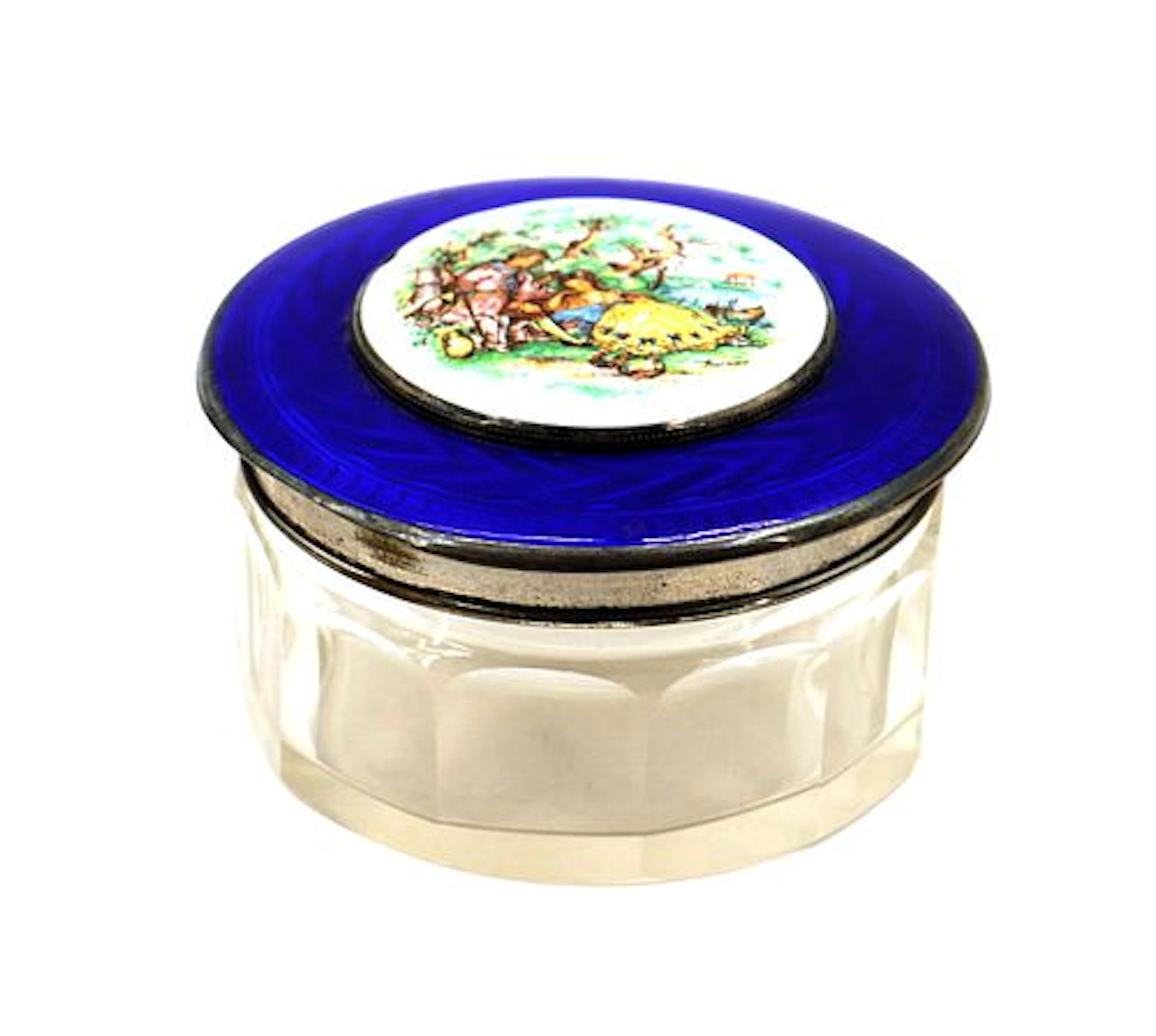 Antique French Clear Glass and Enameled Guilloche Metal Vanity Jar