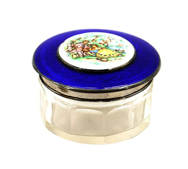 Antique French Clear Glass and Enameled Guilloche Metal Vanity Jar