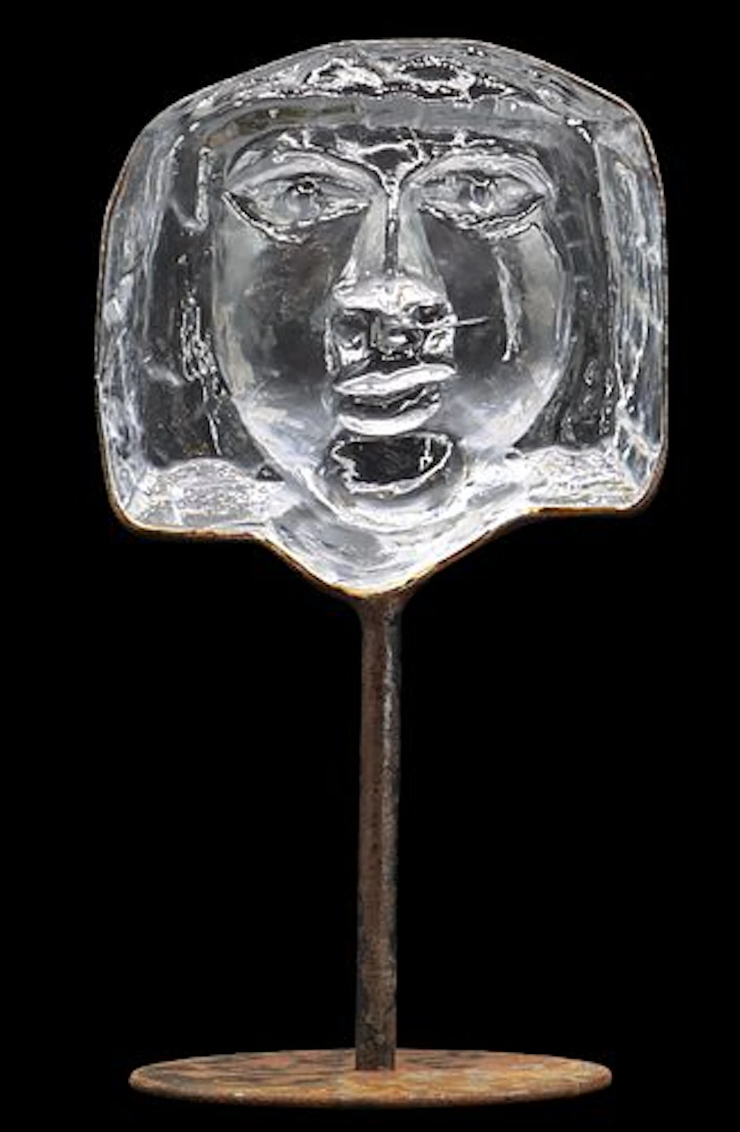 Erik Hoglund for Kosta Boda Crystal Face Sculpture on Metal Stand