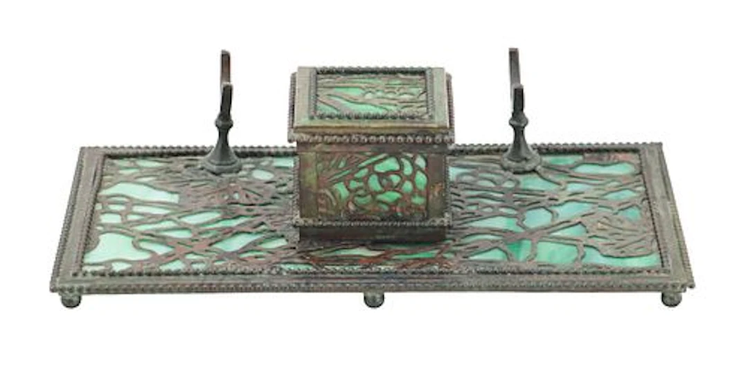 Antique Apollo Studios Etched Metal and Green Slag Glass Inkwell