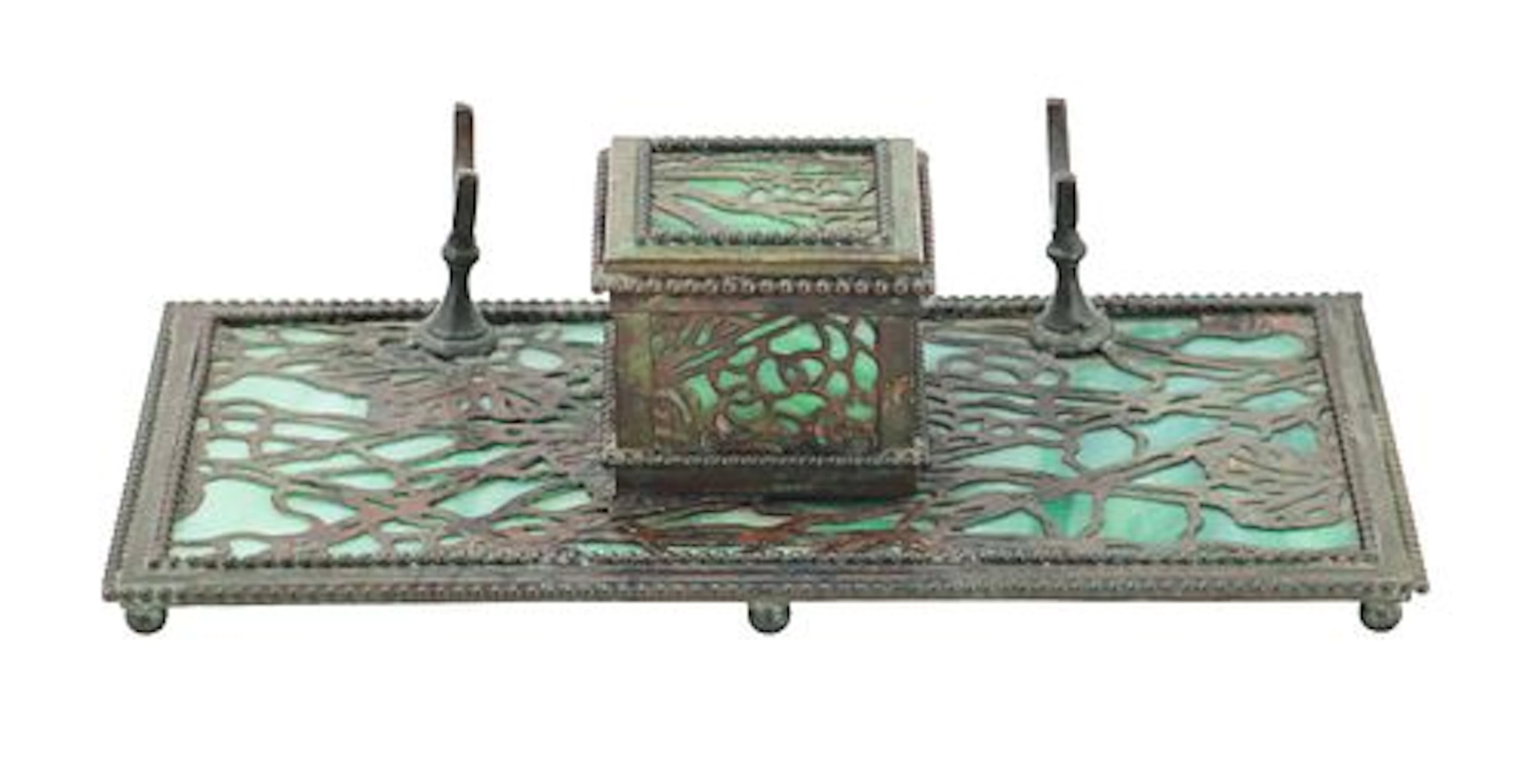 Antique Apollo Studios Etched Metal and Green Slag Glass Inkwell