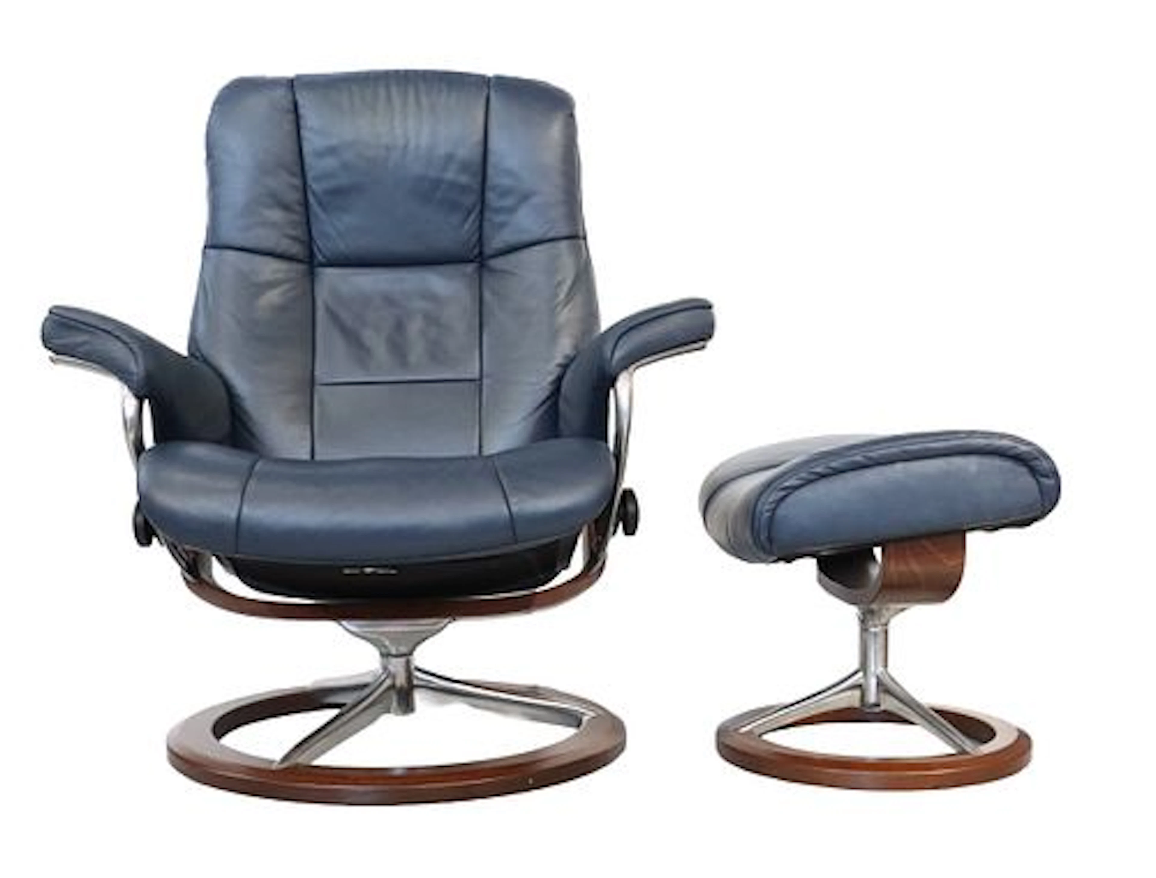 Norwegian J.E. Ekornes Blue Leather Stressless Recliner Armchair with Ottoman