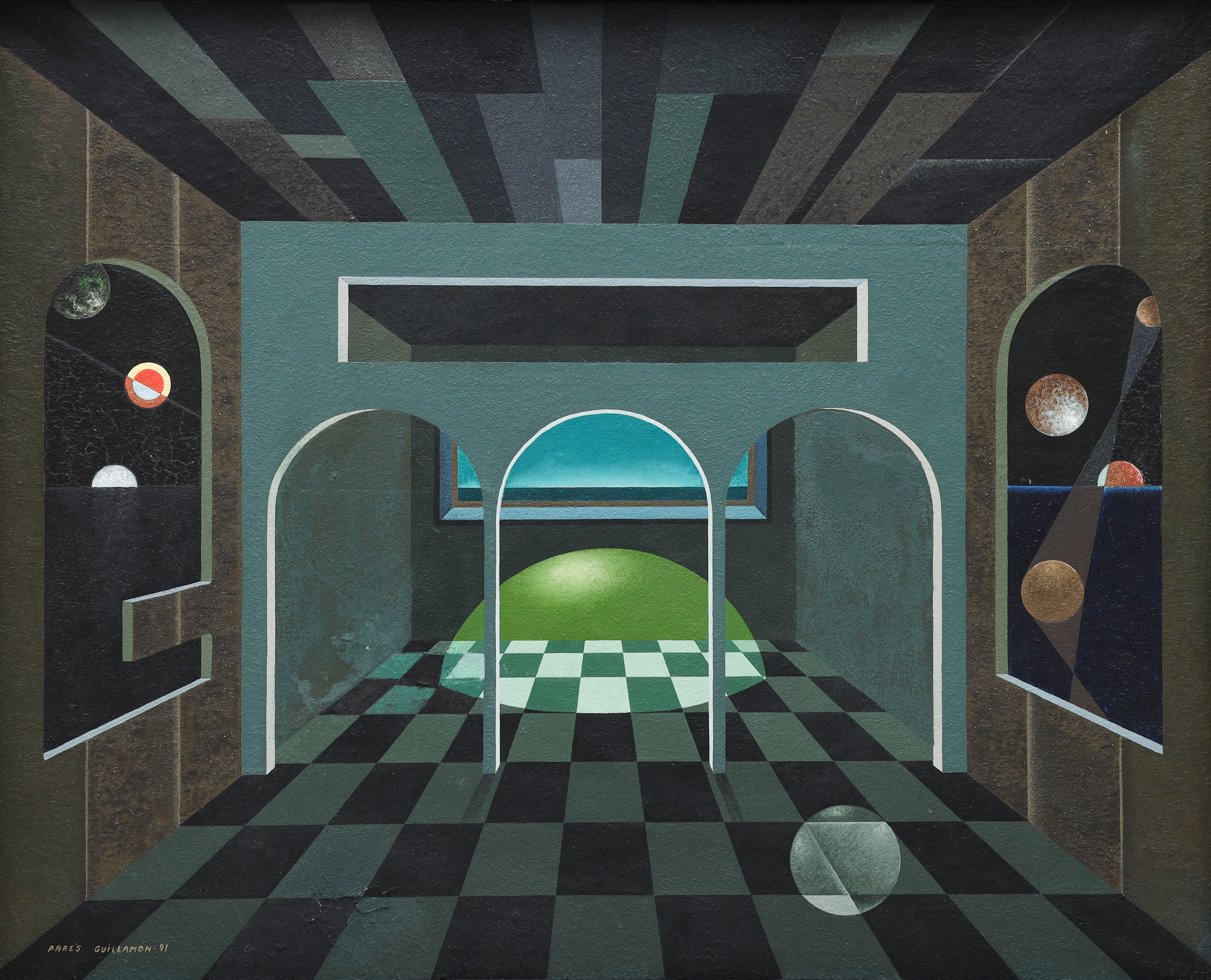 ANTONI PARÈS GUILLAMÓN 1928-2011). olja på duk, "Interior Astronomic"