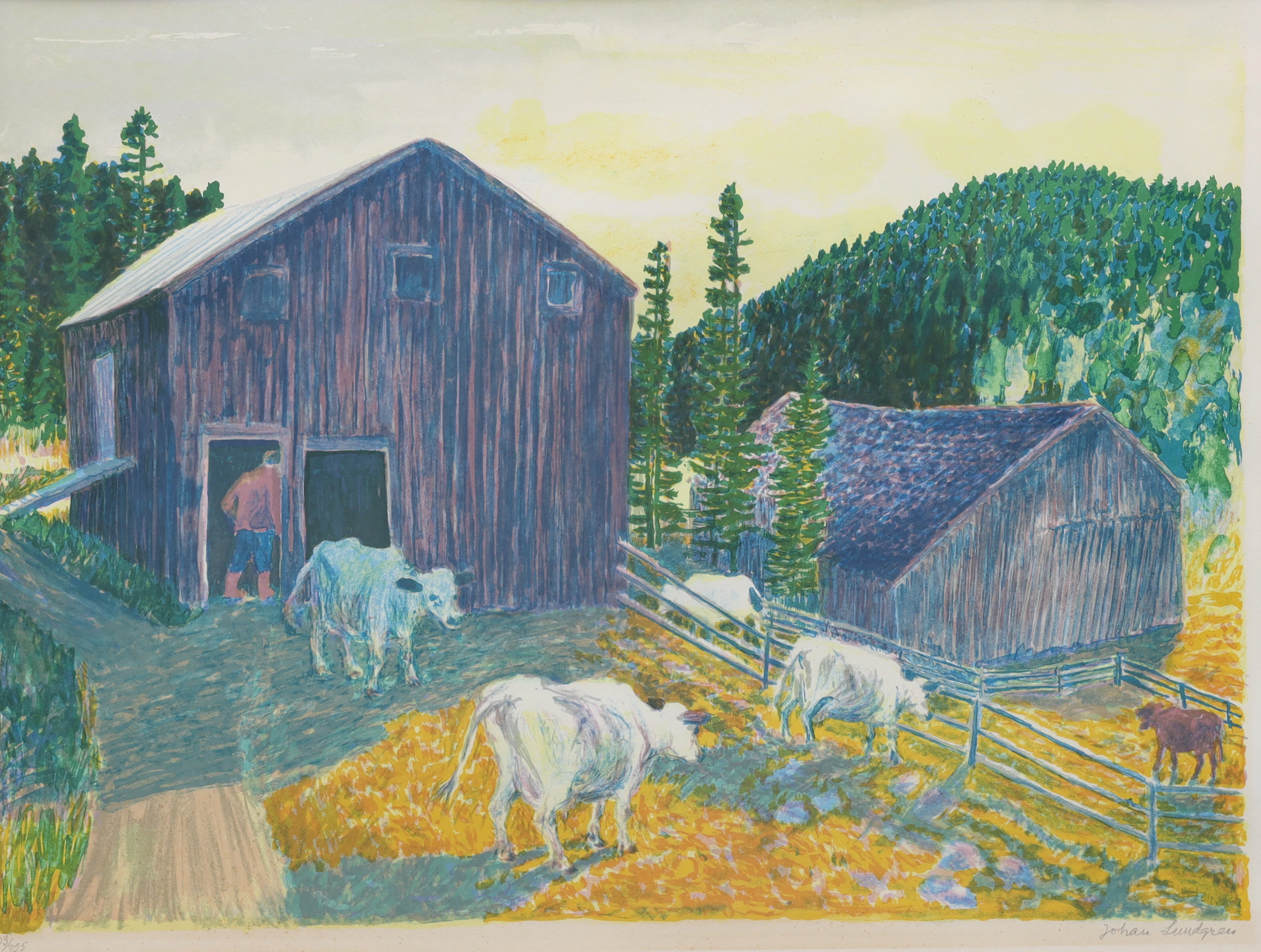 JOHAN LUNDGREN. färglitografi, betande kor, numrerad 303/325, signerad.