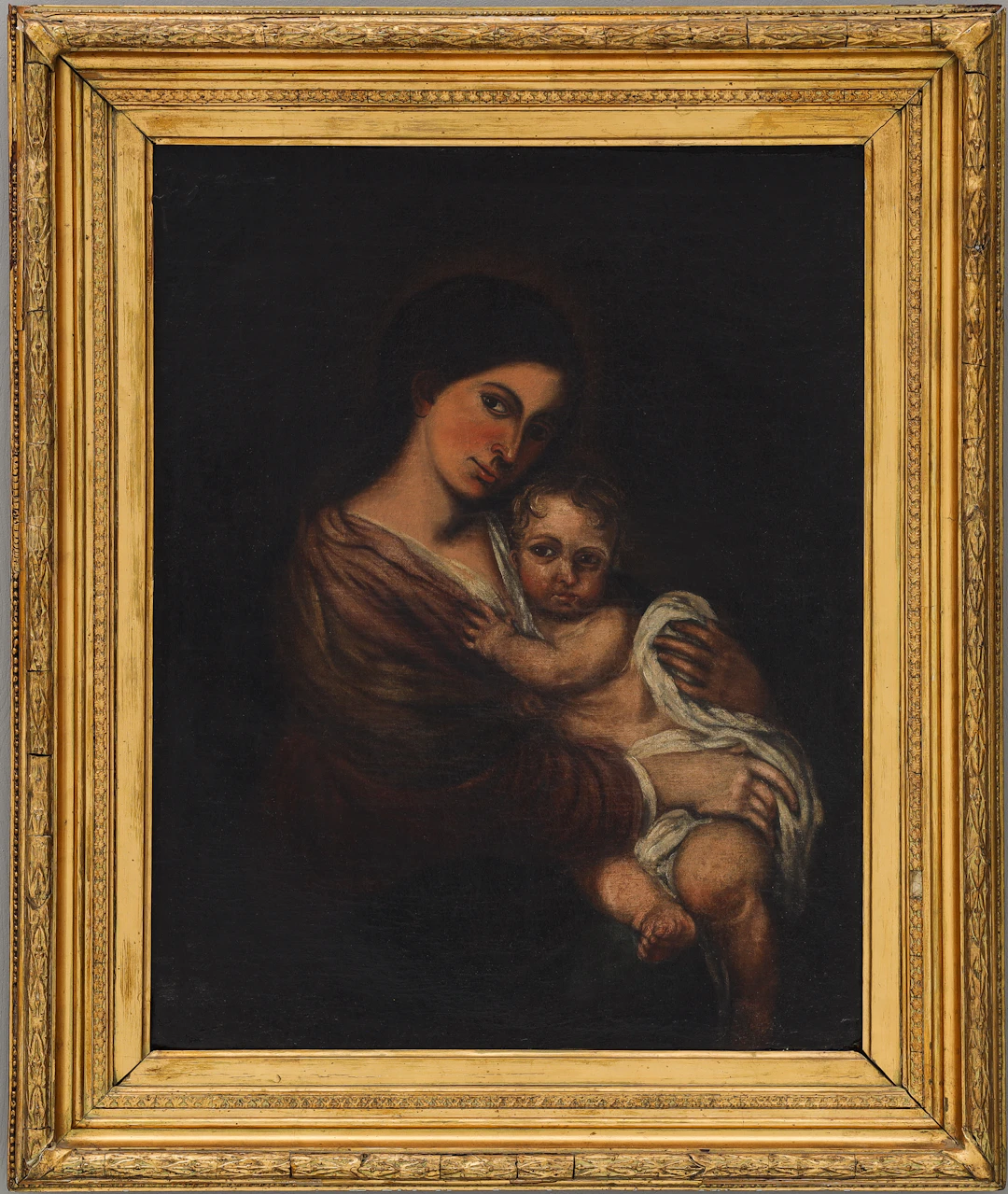 OIDENTIFIERAD KONSTNÄR. olja på duk, jungru Maria och Jesusbarnet, 1800-tal.