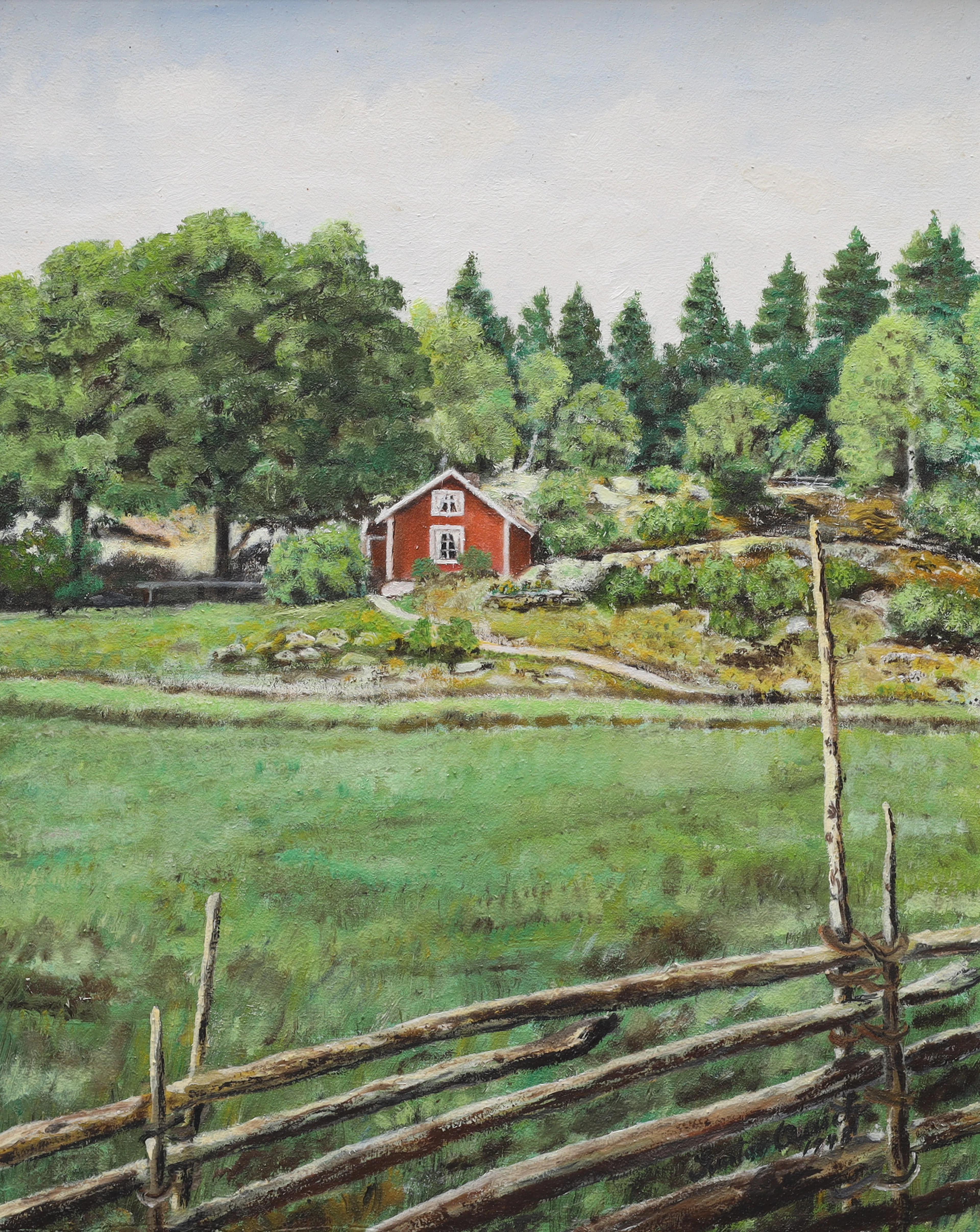 OIDENTIFIERAD KONSTNÄR. olja på duk, röd liten stuga, signerad, daterad 1949.