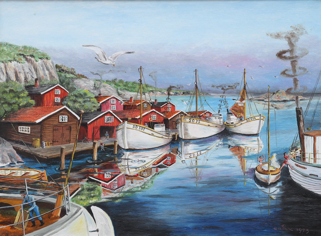 OIDENTIFIERAD KONSTNÄR. olja på duk, båtar i skärgårdshamn, signerad