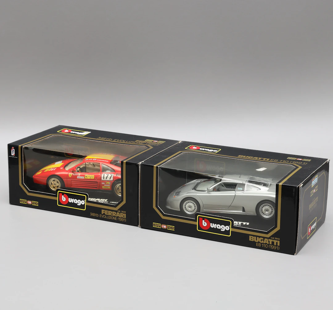 MODELLBILAR, 2 st, Ferrari 348tb Evoluzione, Bugatti EB 110, i originalkartonger