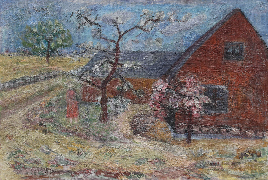 ILONA KLARA BOMAN. olja på pannå, "Det röda huset", signerad, I Klara